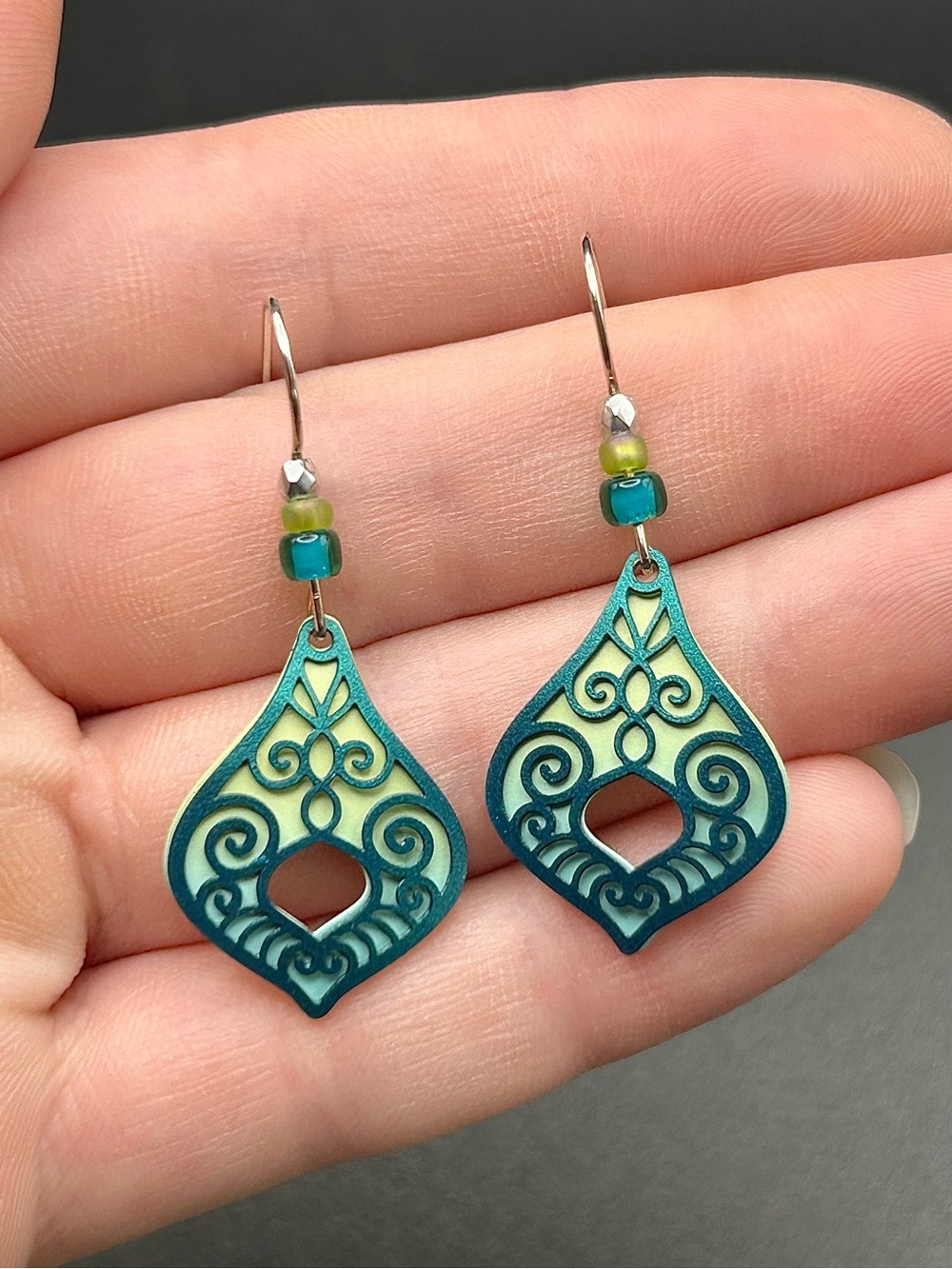 Adajio Green & Aqua Victorian Teardrop Earrings - Filigree Overlay with 925 Hook